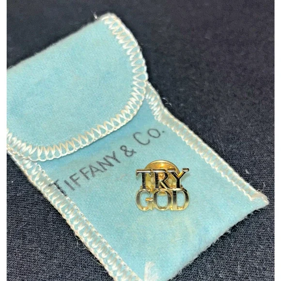 Vintage '70s Tiffany & Co Sterling Gold Overlay TRY GOD Vermeil Lapel Pin - Picture 1 of 5